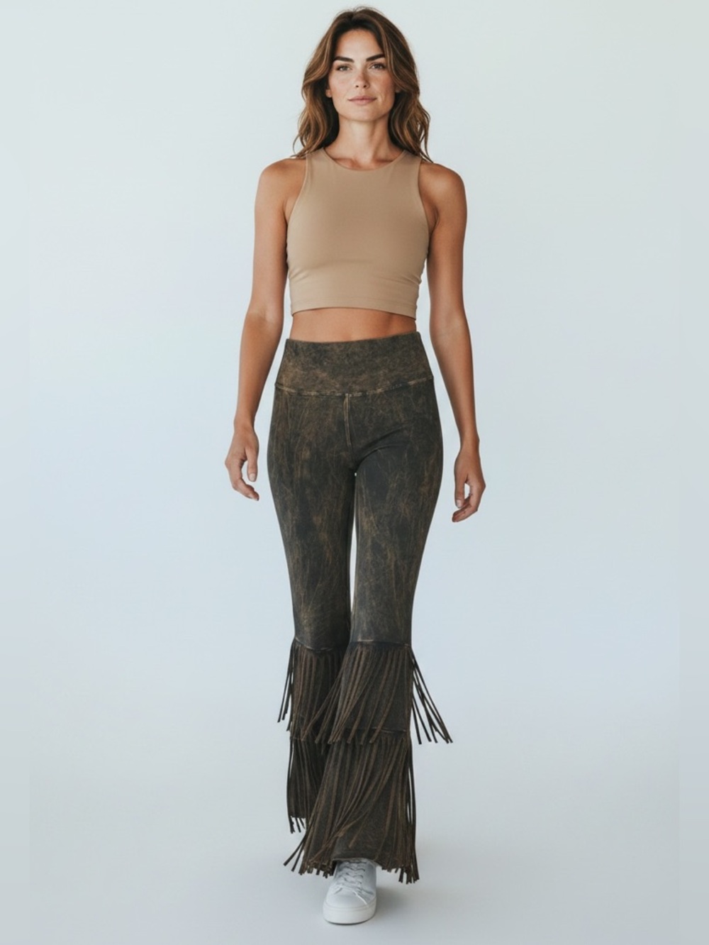 T Party Western Double Fringe High Waist Brown Yoga Pants Size M Boho Flare